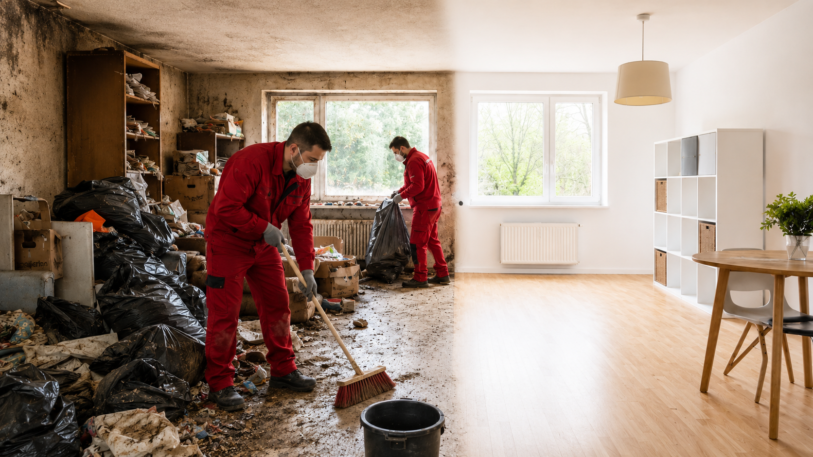 Zwei Mitarbeiter von GSM Minden räumen eine Messie-Wohnung – vorher/nachher sichtbar